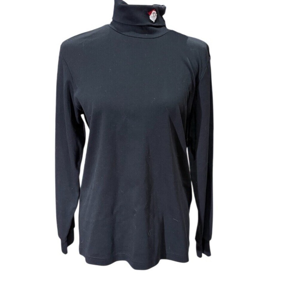 Karen Scott Turtleneck Top Womens M Black With Santa Claus Embroidered Holiday